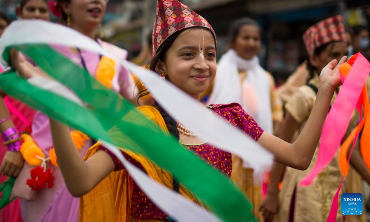 Devotees celebrate the Rath Yatra festival in Kathmandu, Nepal, July 1, 2022. Photo:Xinhua