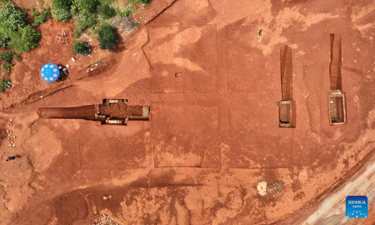 Aerial photo taken on July 6, 2022 shows the tomb complex in the city of Leiyang in central China's Hunan Province. Archaeologists have found 14 tombs dating back to between the Eastern Han Dynasty (25-220) and the Tang Dynasty (618-907) in central China's Hunan Province. Photo:Xinhua
