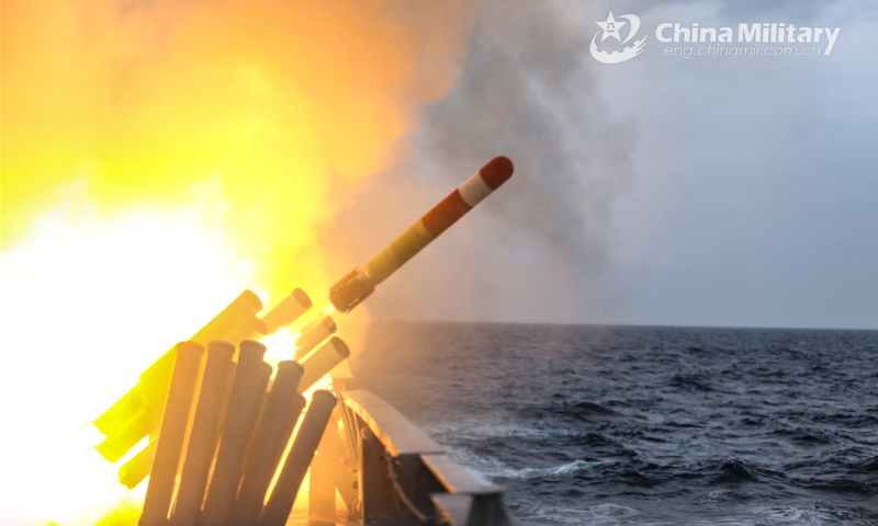 A warship attached to a frigate flotilla with the navy under PLA Southern Theater Command launches underwater acoustic countermeasure equipment during a combat training exercise aimed at enhancing coordination on June 11, 2022. (eng.chinamil.com.cn/Photo by Zhang Bin)
