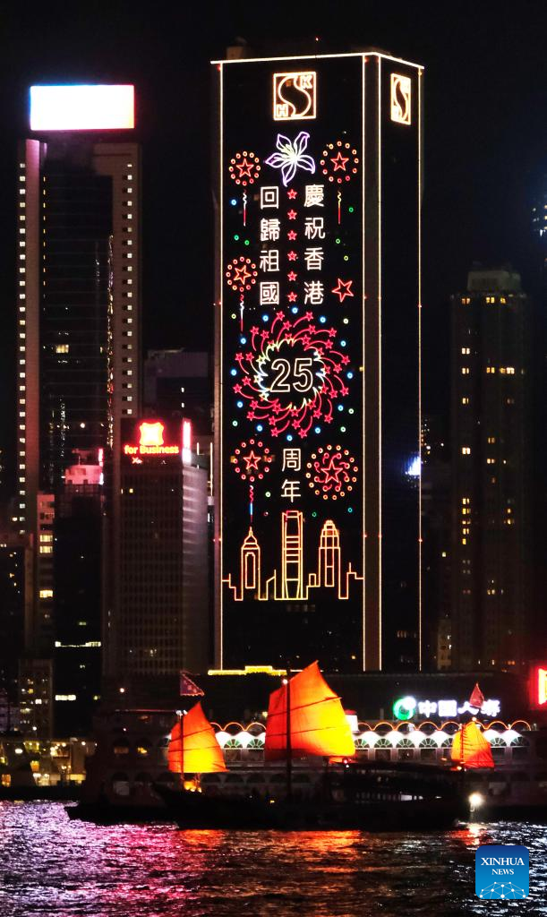 Photo taken on June 25, 2022 shows a building with light installations in Tsim Sha Tsui, south China's Hong Kong. Hong Kong will celebrate the 25th anniversary of its return to the motherland. (Xinhua/Wang Shen)