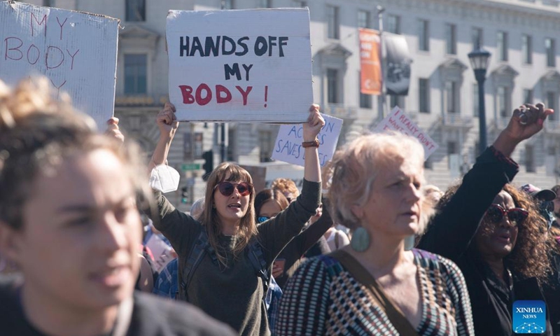 Demonstrators protest against the Supreme Court's overturning of the Roe vs. Wade abortion-rights ruling in San Francisco, California, the United States, on June 24, 2022.Photo:Xinhua
