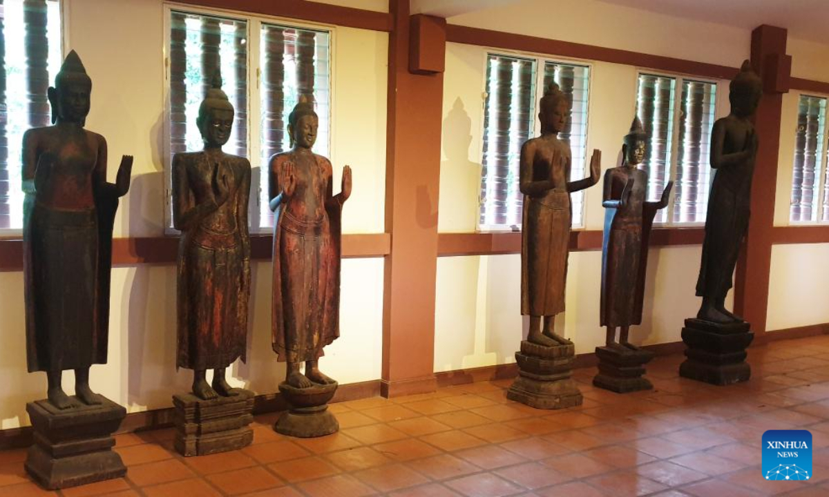 Photo taken on May 10, 2022 shows ancient wooden Buddha statues at the Preah Norodom Sihanouk-Angkor Museum in Siem Reap province, Cambodia. Photo:Xinhua