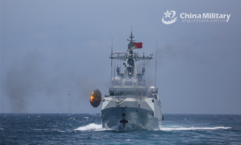 A frigate attached to a flotilla with the navy under PLA Southern Theater Command fires its main gun at maritime target during a combat training exercise aimed at enhancing coordination on June 13, 2022. (eng.chinamil.com.cn/Photo by Zhang Bin)