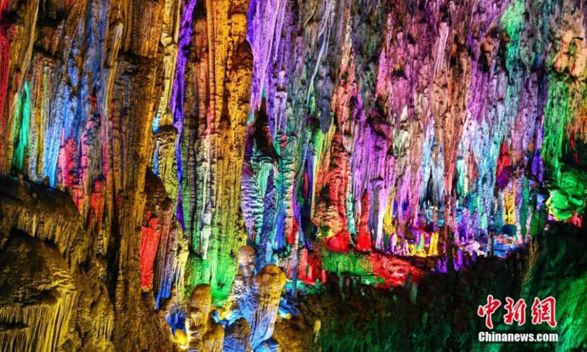 Scenery of Taigu kast cave illuminated by color lights in Youyang Tujia and Miao Autonomous County, southwest China's Chongqing, July 6, 2022. Photo:China News Service