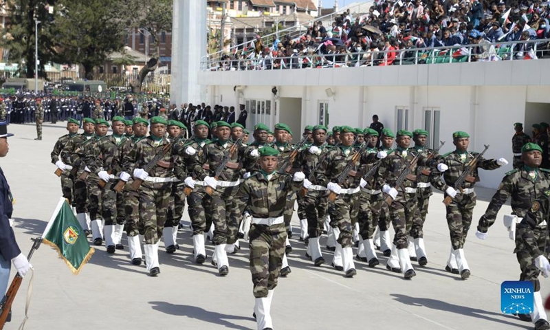 A military parade is held during a celebration marking the 62nd anniversary of Madagascar's independence in Antananarivo, capital of Madagascar, on June 26, 2022.Photo:Xinhua