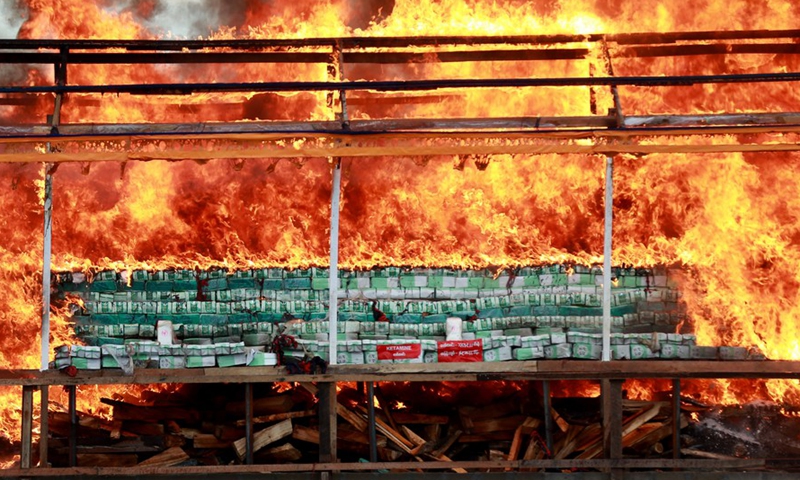 Seized drugs are burnt in Yangon, Myanmar, June 26, 2022.Photo:Xinhua