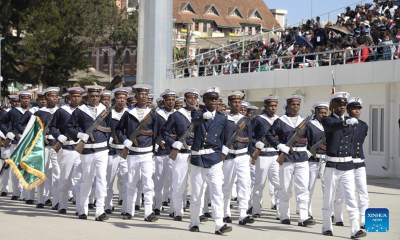 A military parade is held during a celebration marking the 62nd anniversary of Madagascar's independence in Antananarivo, capital of Madagascar, on June 26, 2022.Photo:Xinhua