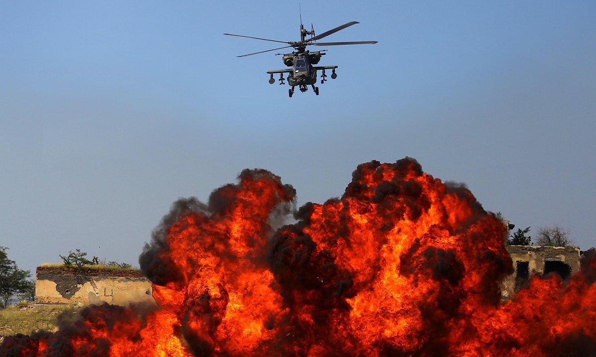 A helicopter is seen during the closing ceremony of the Multinational Exercise Noble Partner 2020 in Tbilisi, Georgia on September 18, 2020. About 2,700 military personnel from Georgia and other NATO members take part in the exercise. Photo: VCG