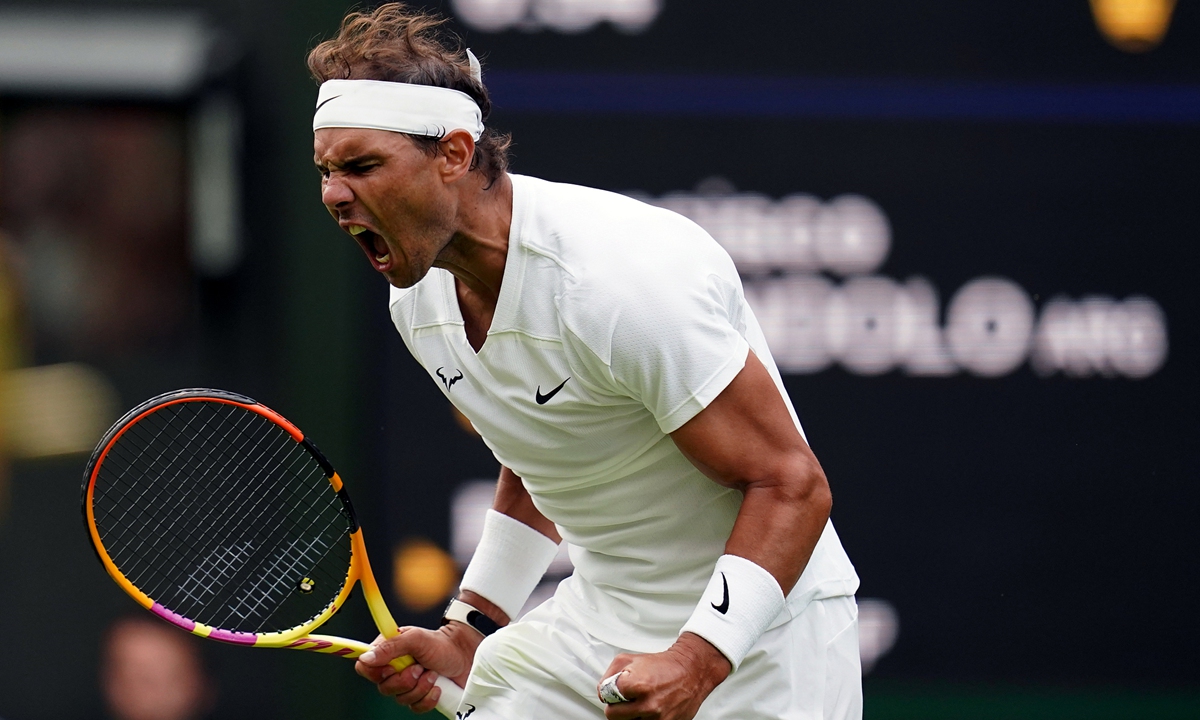 Rafael Nadal celebrates a point during his match against Francisco Cerundolo at Wimbledon on June 28, 2022 in London, England. Photo: VCG