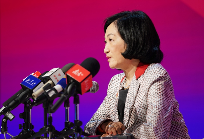 Regina Ip Lau Suk-yee, the chairperson of the New People's Party, who was also appointed recently as convener of the Executive Council (ExCo) meeting of the Hong Kong Special Administrative Region (HKSAR), speaks with the press. Photo: IC 