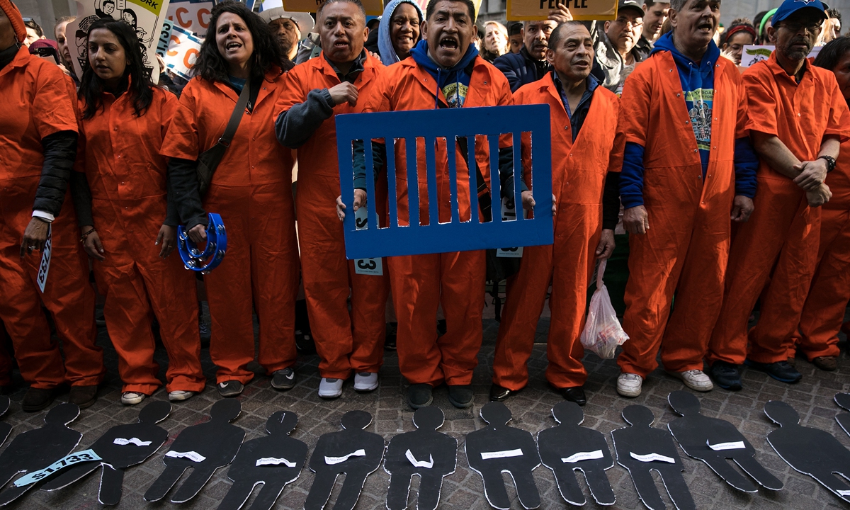 Activists rally against financial institutions' support of private prisons and immigrant detention centers, as part of a May Day protest near Wall Street in New York City on May 1, 2018. Photo: AFP