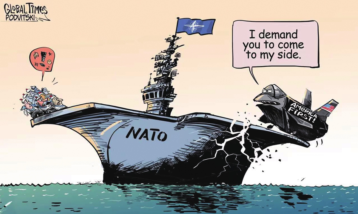 NATO alliance shows cracks under a weakening US leadership. Illustration: Vitaly Podvitski