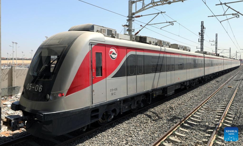 Photo shows the light rail train during a trial run at Adly Mansour railway station in Cairo, Egypt on June 30, 2022. Egypt is building its first light rail transit (LRT) system, which will be the first means of mass transport linking the new Administrative Capital of Greater Cairo when completed.  (Photo: Xinhua)