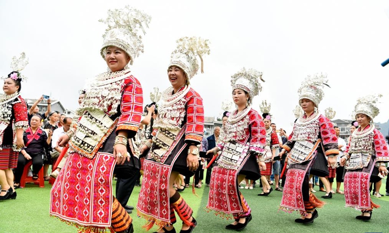 Women perform folk dance during activities to celebrate Liuyueliu, an ethnic festival, in Jianhe County of Qiandongnan Miao and Dong Autonomous Prefecture, southwest China's Guizhou Province, July 2, 2022.Photo:Xinhua