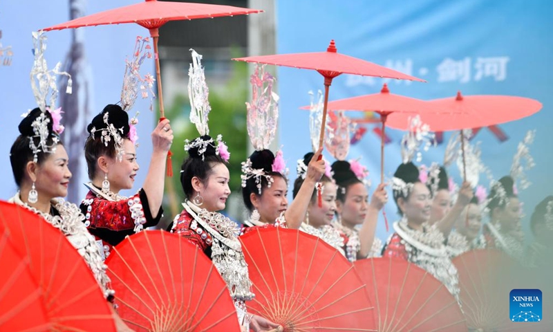 Women perform folk dance during activities to celebrate Liuyueliu, an ethnic festival, in Jianhe County of Qiandongnan Miao and Dong Autonomous Prefecture, southwest China's Guizhou Province, July 2, 2022.Photo:Xinhua