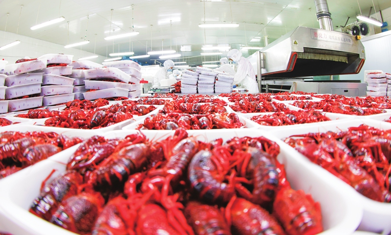 Workers package steamed crayfish at a food processing firm in Sihong county, East China's Jiangsu Province on July 3, 2022. Locally produced premium crayfish are being shipped to both domestic and overseas markets, including South Korea, New Zealand and Canada this year, as the county pushes for an expansion of crayfish sales coverage to boost local farmers' income. Photo: cnsphoto