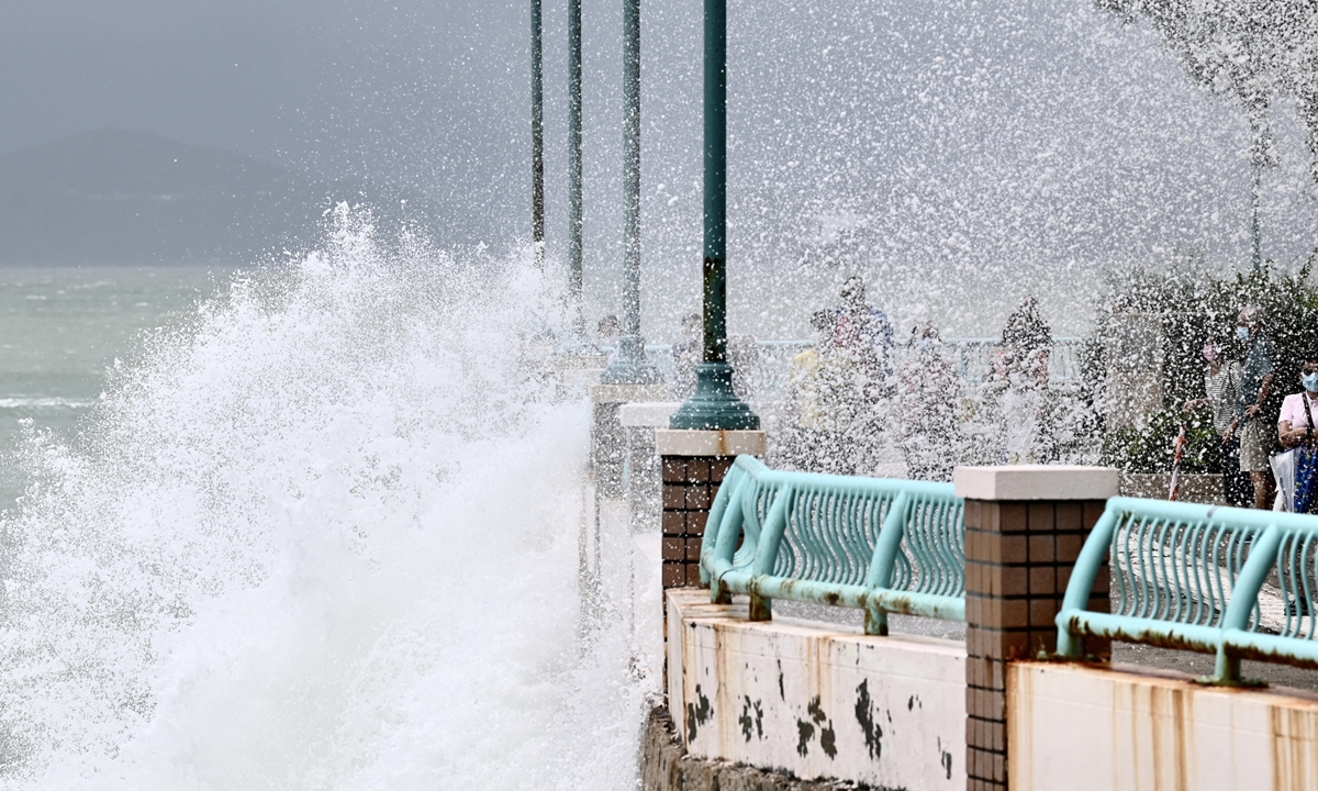 Huge waves crash on the banks of South Horizons in Hong Kong Speicial Administration Region on July 2, 2022, as the city releases Number 8 storm warning signal.