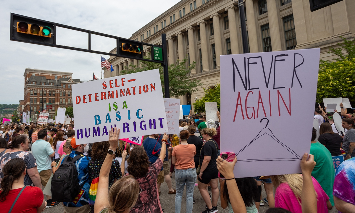 Abortion rights advocates gather and march outside the Hamilton County Courthouse in Cincinnati, Ohio on July 2, 2022 after the Supreme Court overturned Roe v. Wade last week - ending a woman's constitutional right to abortion which has been precedent and law for nearly 50 years. Photo: AFP