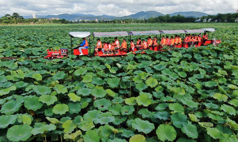Visitors take sightseeing mini trains to enjoy lotus flowers at Longde Lake in Jinghong City of Xishuangbanna Dai Autonomous Prefecture, southwest China's Yunnan Province, July 2, 2022.Photo:Xinhua
