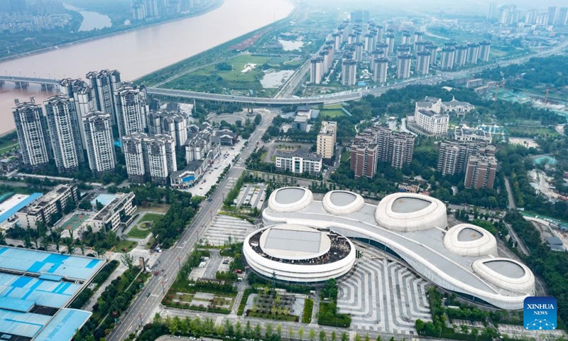 Aerial photo taken on June 24, 2022 shows a city view of the Meishan Convention and Exhibition Center in Meishan, southwest China's Sichuan Province.(Photo: Xinhua)