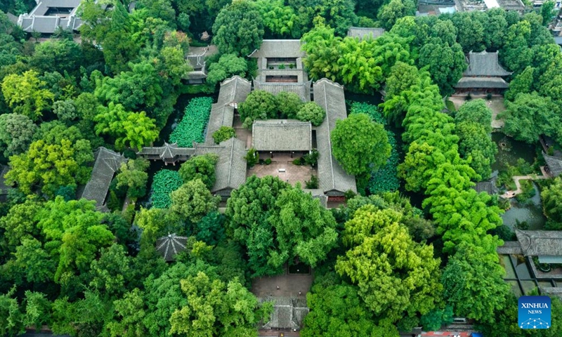Aerial photo taken on June 22, 2022 shows a view of San Su Ci, the memorial temple and former residence of Su Xun and his two sons Su Shi and Su Zhe, three literary masters of the Northern Song Dynasty (960-1127), in Meishan, southwest China's Sichuan Province.(Photo: Xinhua)