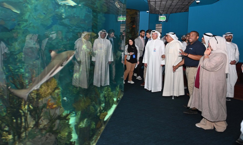 People view sand tiger sharks in the Scientific Center aquarium in Hawalli Governorate, Kuwait, July 5, 2022.(Photo: Xinhua)