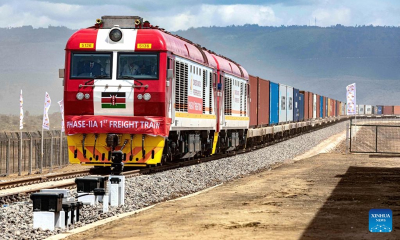The first freight train of the Nairobi-Naivasha Standard Gauge Railway (SGR) arrives at the Naivasha Inland Container Depot in Kenya, on Dec. 17, 2019. The 120km Nairobi-Naivasha railway is an extension of the Chinese-built modern railway that connects Kenya's coastal port city Mombasa to the capital Nairobi. The Mombasa-Nairobi SGR, mainly financed by China and constructed by China Road and Bridge Corporation (CRBC), which began construction in 2014 and finished in 2017.(Photo: Xinhua)