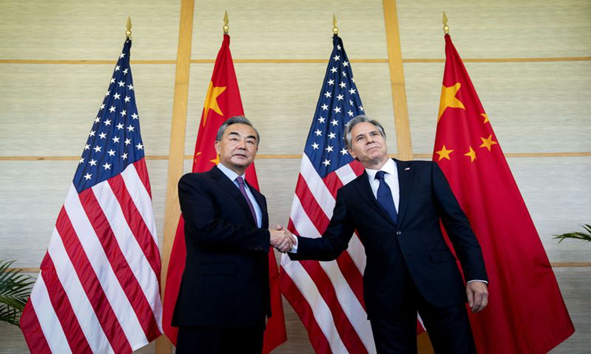 Chinese State Councilor and Foreign Minister Wang Yi with US Secretary of State Antony Blinken in Bali on July 9. Source: AFP

