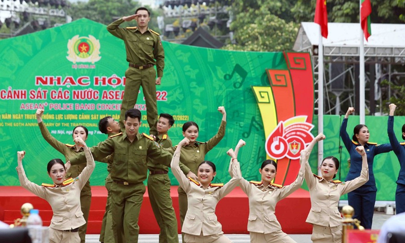 The Lao police art troupe performs during the opening ceremony of the ASEAN Plus 2022 Police Music Festival in Hanoi, Vietnam, on July 9, 2022.Photo:Xinhua