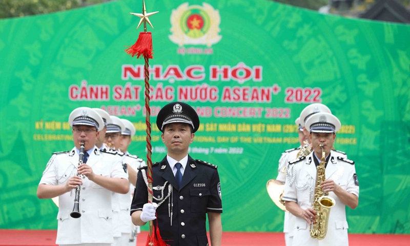 The Chinese police music troupe performs during the opening ceremony of the ASEAN Plus 2022 Police Music Festival in Hanoi, Vietnam, on July 9, 2022.Photo:Xinhua