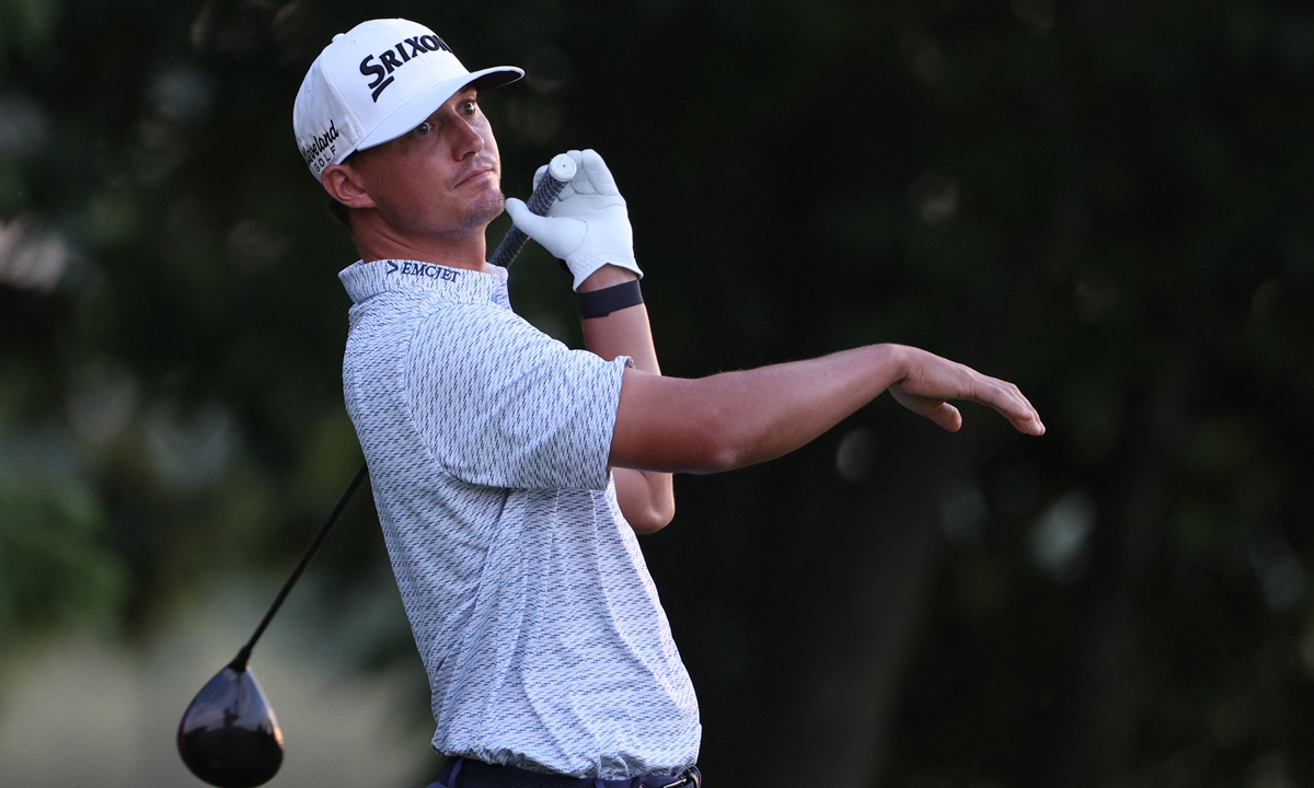 Max McGreevy of the United States plays his tee shot on the third hole during the third round of the Barbasol Championship at Keene Trace Golf Club on July 09, 2022 in Nicholasville, Kentucky. 