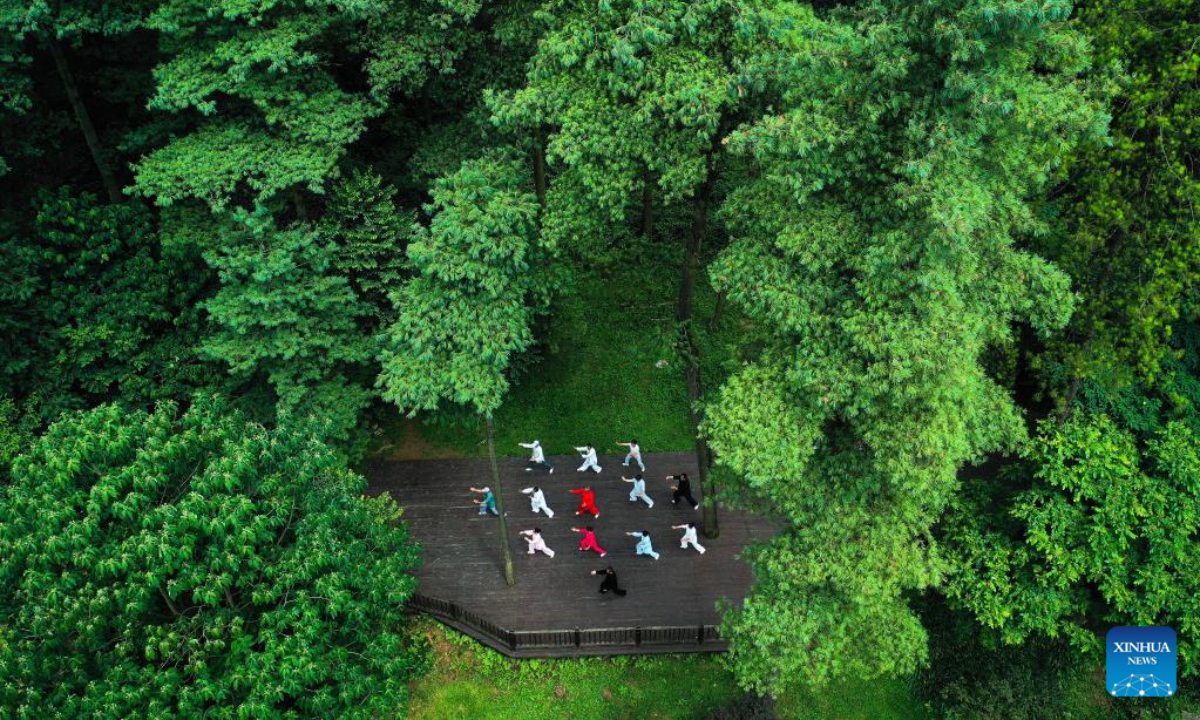 Aerial photo shows people exercising in Changpoling National Forest Park in Guiyang, southwest China's Guizhou Province, July 13, 2022. Photo:Xinhua