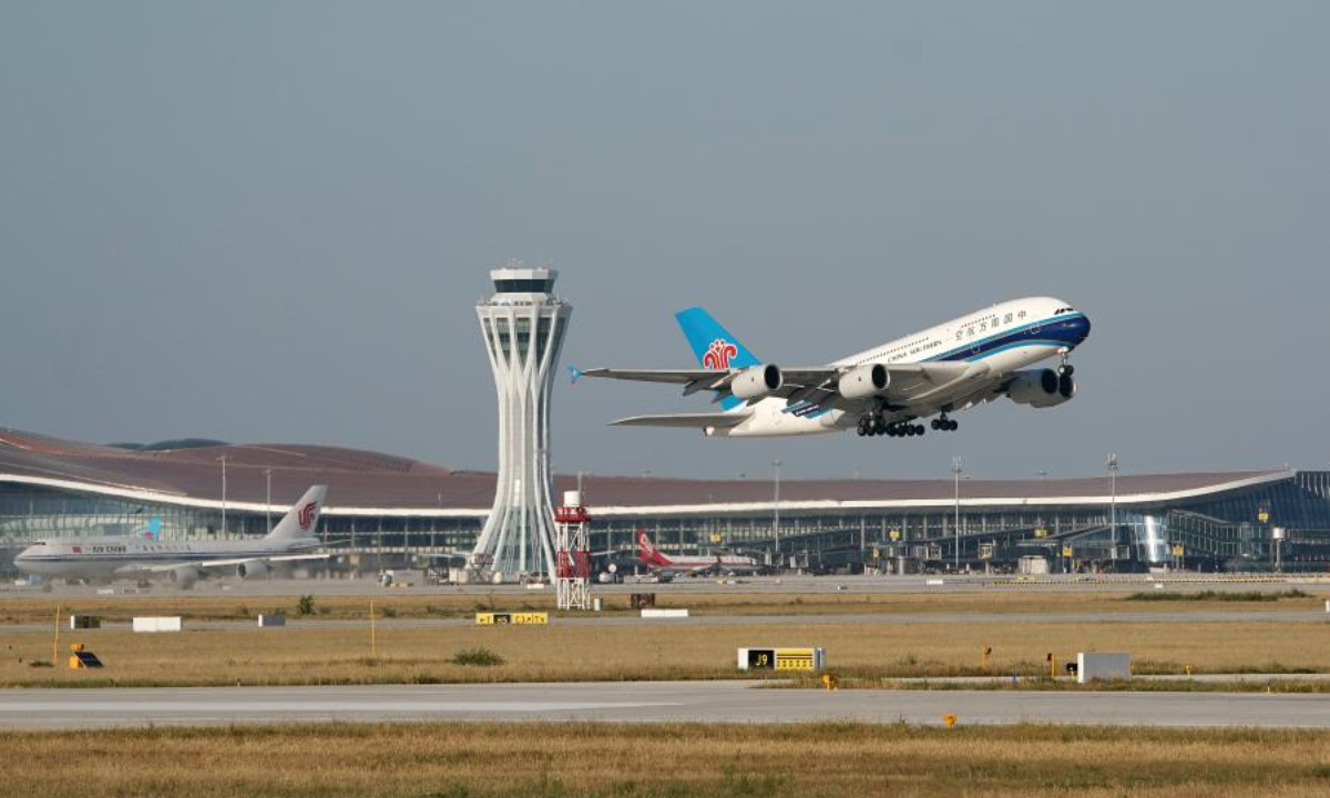 China Southern Airlines flight CZ3001 takes off at the Daxing International Airport in Beijing, capital of China, Sept. 25, 2019. File photo:Xinhua