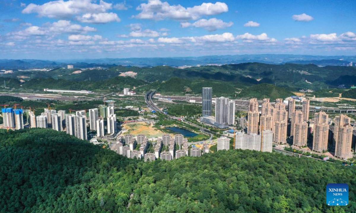 Aerial photo shows a view of Changpoling National Forest Park in Guiyang, southwest China's Guizhou Province, July 12, 2022. Photo:Xinhua