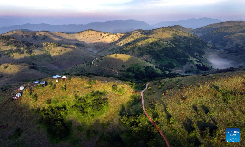 Aerial photo shows the grassland scenery of Bashan Mountain in Langao County, northwest China's Shaanxi Province, July 14, 2022. (Xinhua/Tao Ming)