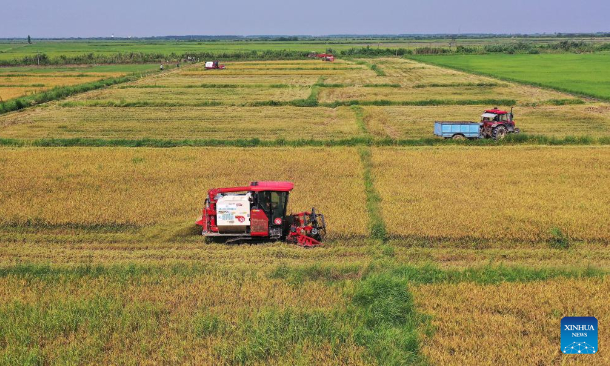 Aerial photo shows agricultural vehicles harvesting early-season rice in Nanchang County, east China's Jiangxi Province, July 13, 2022. Photo:Xinhua