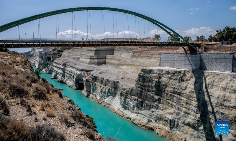 Photo taken on July 11, 2022 shows a general view of the Corinth Canal in Greece. Greece's iconic Corinth Canal reopened to shipping earlier this month after an 18-month hiatus for repair works following a series of landslides, local officials told Xinhua on Monday.(Photo: Xinhua)