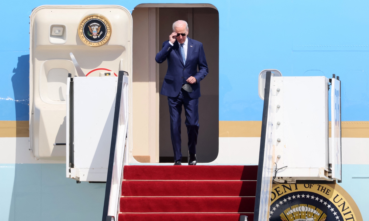 US President Joe Biden disembarks from his plane upon landing at Ben Gurion Airport in Lod near Tel Aviv, on July 13, 2022. Photo: AFP