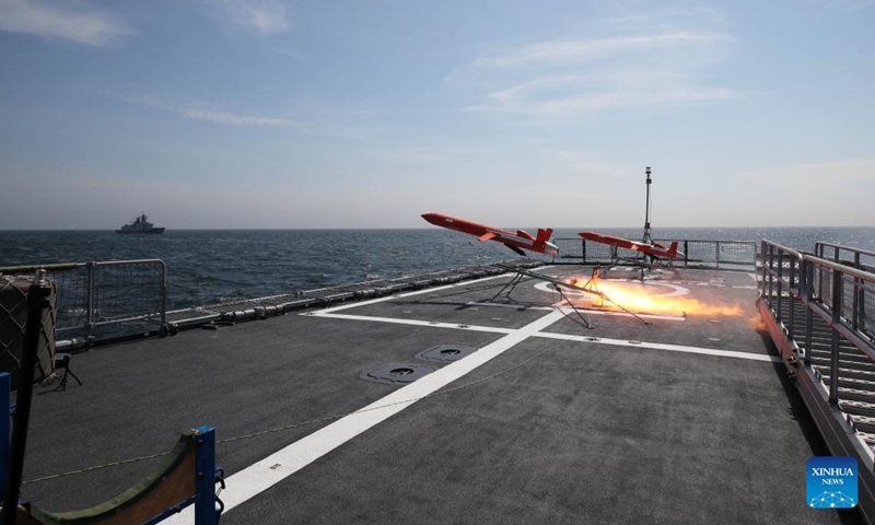 Photo taken on July 12, 2022 shows a maritime drill held by navies of China and Pakistan. Navies of China and Pakistan concluded a four-day joint maritime exercise codenamed Sea Guardians-2 on Wednesday.(Photo: Xinhua)