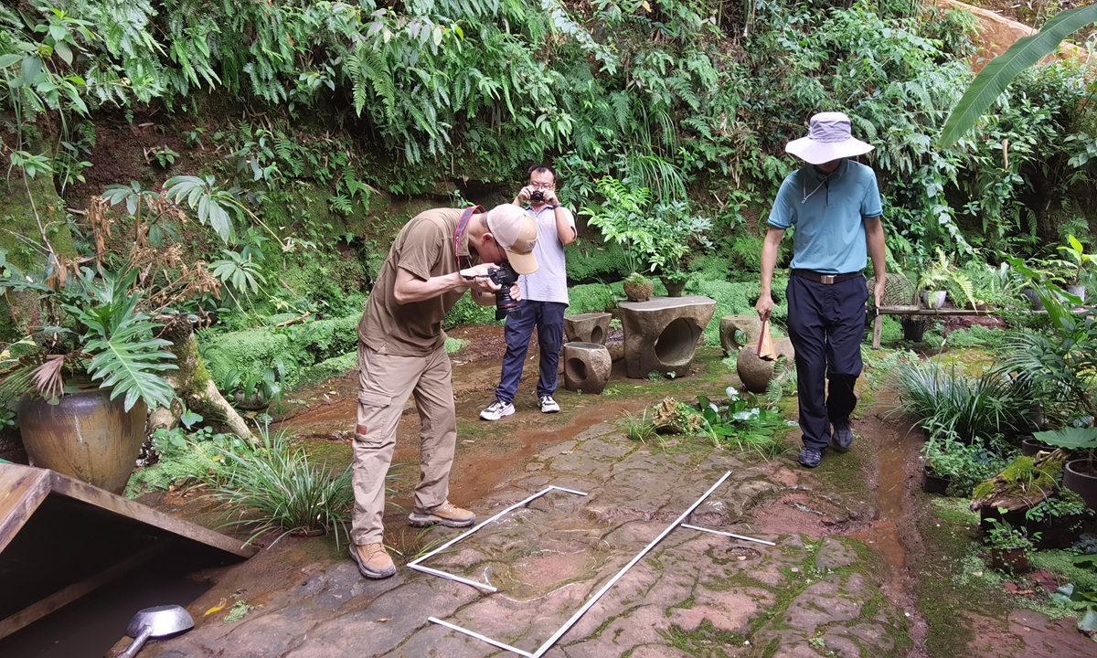 Experts observe and measure the dinosaur tracks discovered at a restaurant in Leshan, Southwest China's Sichuan Province on July 16, 2022. Photo: Courtesy of Xing Lida