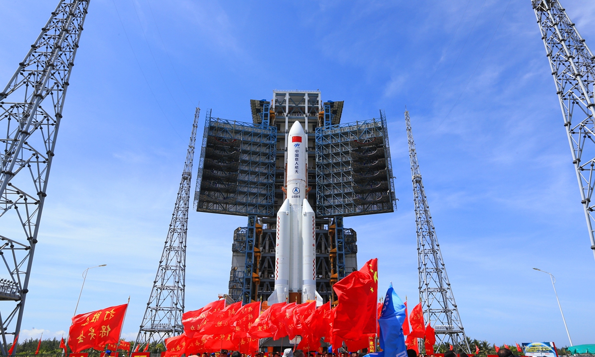 The combination of China's space station lab module Wentian and the Long March-5B Y3 carrier rocket has been transferred to the launch pad at the Wenchang space port on July 18, 2022. Photo: Tu Haichao and Huang Guochang