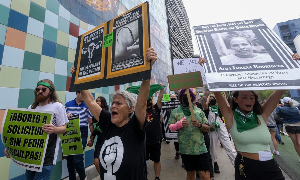 Abortion rights activists demonstrate in support of women's rights on July 16, 2022, in Santa Monica, California, the US. Photo: AFP
