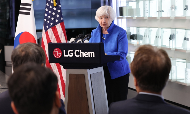 US Treasury Secretary Janet Yellen delivers a speech during a visit to LG Science Park, a research and development complex of the South Korean conglomerate, in Seoul, on July 19, 2022. Photo: VCG