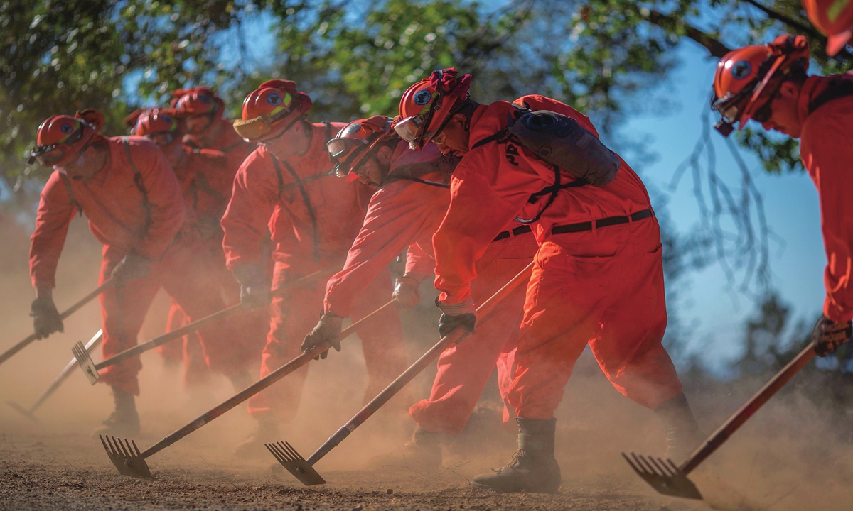 Inmate firefighters from Oak Glen Conservation Camp clear vegetation that could fuel a wildfire near a road Photo: VCG