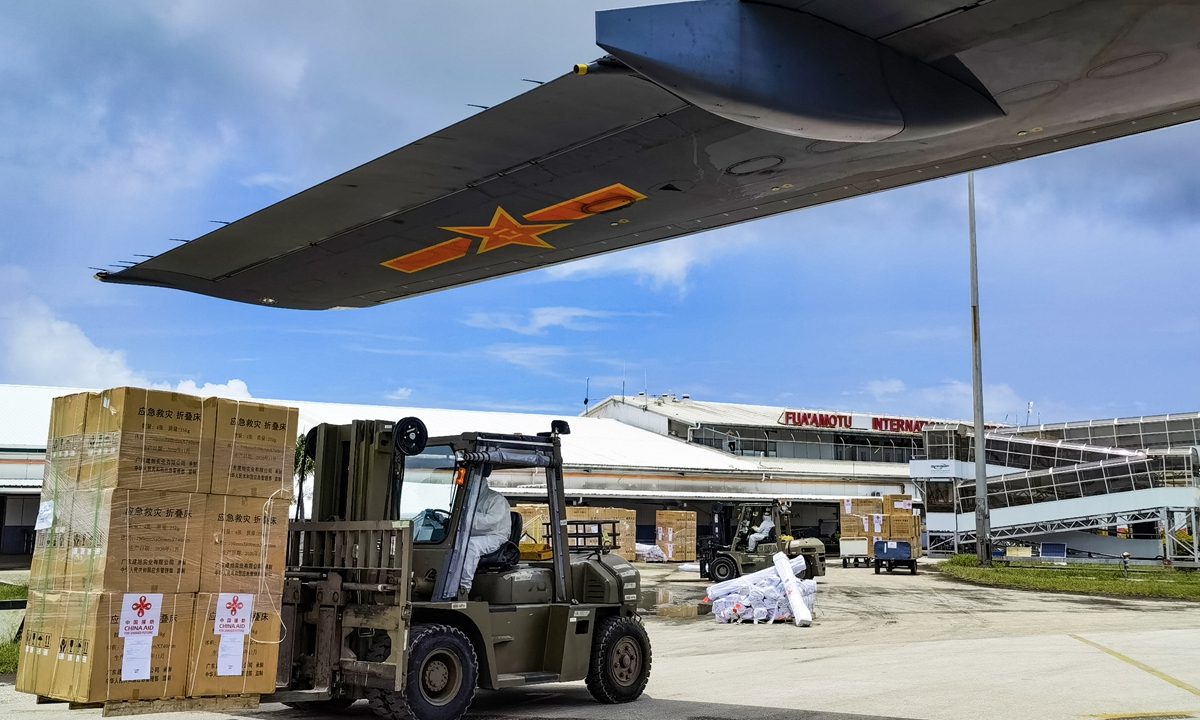 Two Y-20 aircraft affiliated with a regiment attached to the PLA Central Theater Command Air Force arrive in Nuku'alofa, Tonga to deliver disaster relief supplies on January 28, 2022. Photo: Ding Zengyi
