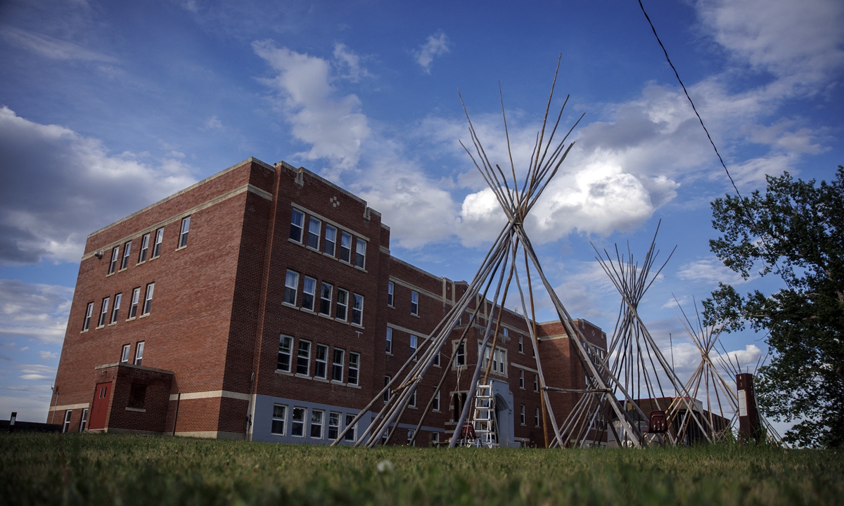 Teepees stand outside the University nuhelot'ine thaiyots'i nistameyimakanak Blue Quills, in St. Paul, Canada, on June 8, 2022. Photo: AFP