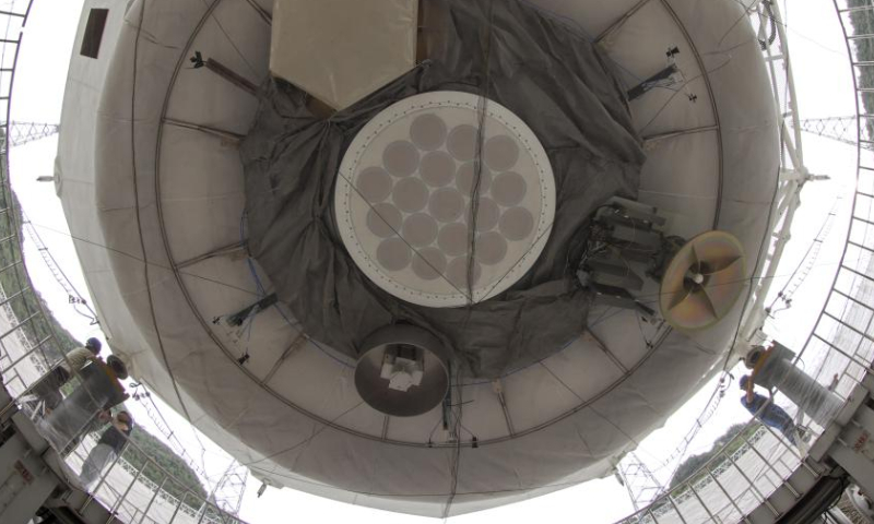 Staff members perform a regular maintenance operation on the Five-hundred-meter Aperture Spherical Radio Telescope (FAST) in southwest China's Guizhou Province on July 20, 2022 Using FAST, also dubbed as the China Sky Eye, scientists have identified over 660 new pulsars since October 2017. Photo: Xinhua