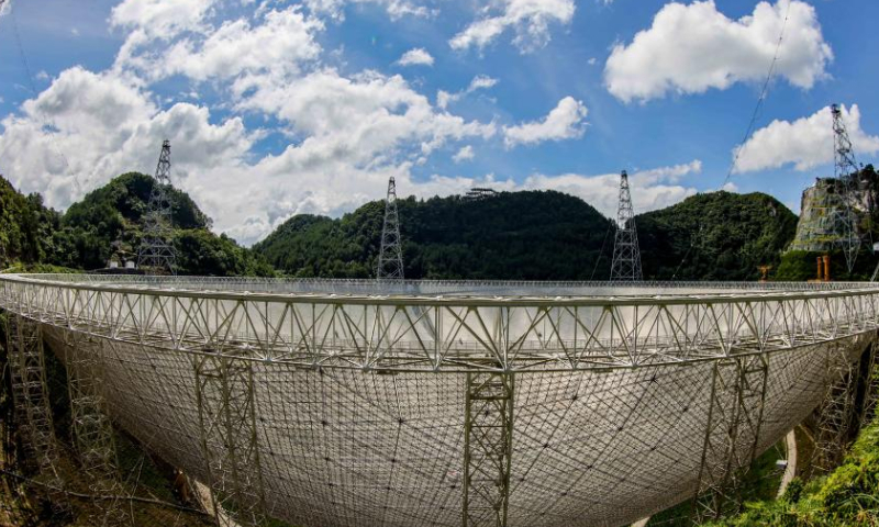 Photo taken on July 21, 2022 shows China's Five-hundred-meter Aperture Spherical Radio Telescope (FAST) under maintenance in southwest China's Guizhou Province. Using FAST, also dubbed as the China Sky Eye, scientists have identified over 660 new pulsars since October 2017. Photo: Xinhua