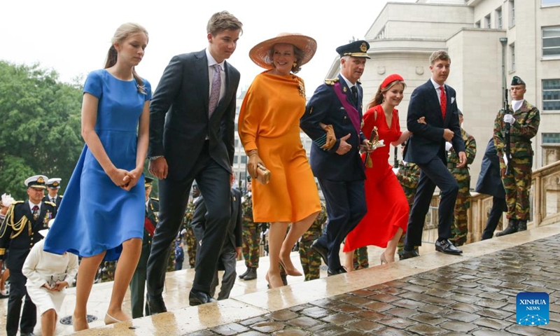 King Philippe (3rd R), Queen Mathilde (3rd L), Princess Elisabeth (2nd R), Prince Gabriel (2nd L), Prince Emmanuel (1st R), and Princess Eleonore (1st L) of Belgium attend an event of Belgian National Day celebrations in Brussels, Belgium, July 21, 2022. Belgium celebrated its National Day on July 21.(Photo: Xinhua)