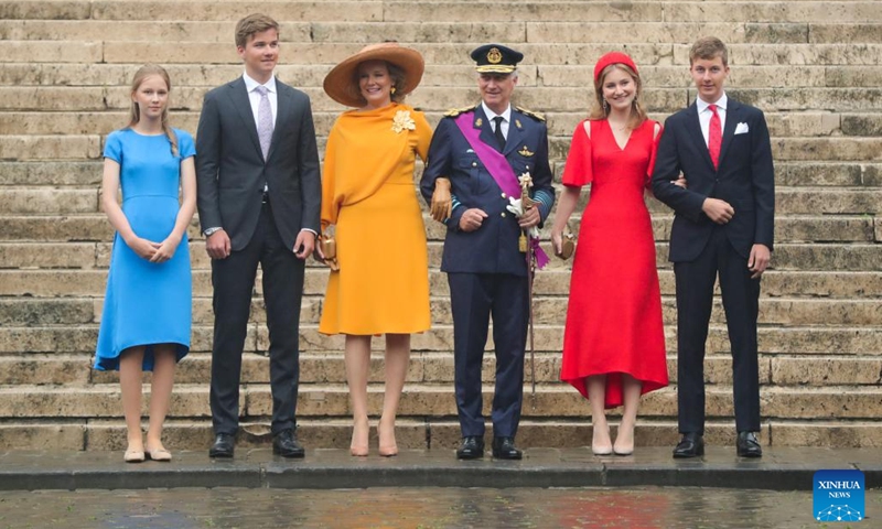 King Philippe (3rd R), Queen Mathilde (3rd L), Princess Elisabeth (2nd R), Prince Gabriel (2nd L), Prince Emmanuel (1st R), and Princess Eleonore (1st L) of Belgium attend an event of Belgian National Day celebrations in Brussels, Belgium, July 21, 2022. Belgium celebrated its National Day on July 21.(Photo: Xinhua)